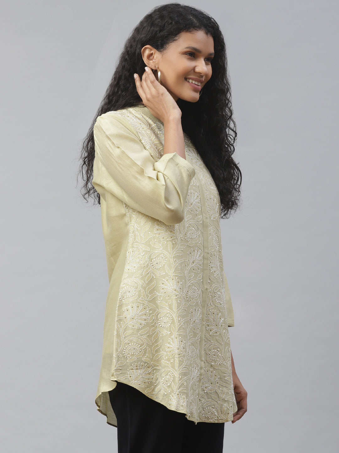 Olive Silk Chikankari Long Shirt