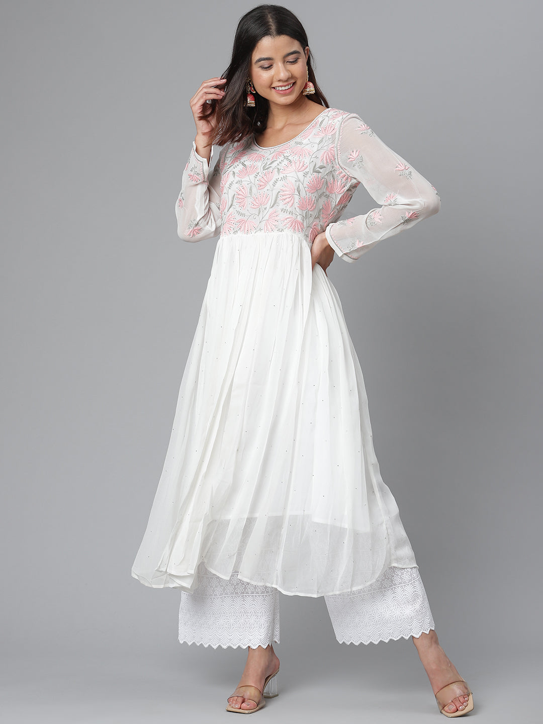 White Georgette Hand-Embroidered Flared Kurta