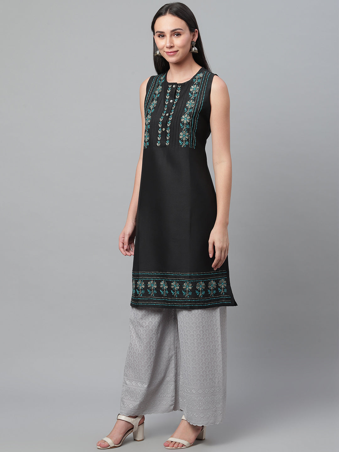 Black & Charcoal Grey Silk Chikankari Straight Kurta