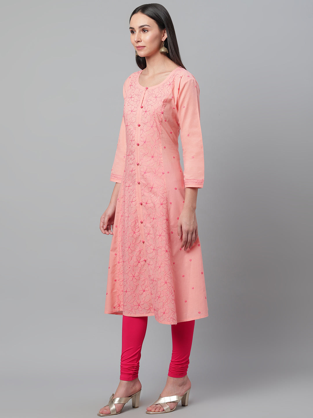 Peach & Pink Chikankari Floral Embroidered Kurta