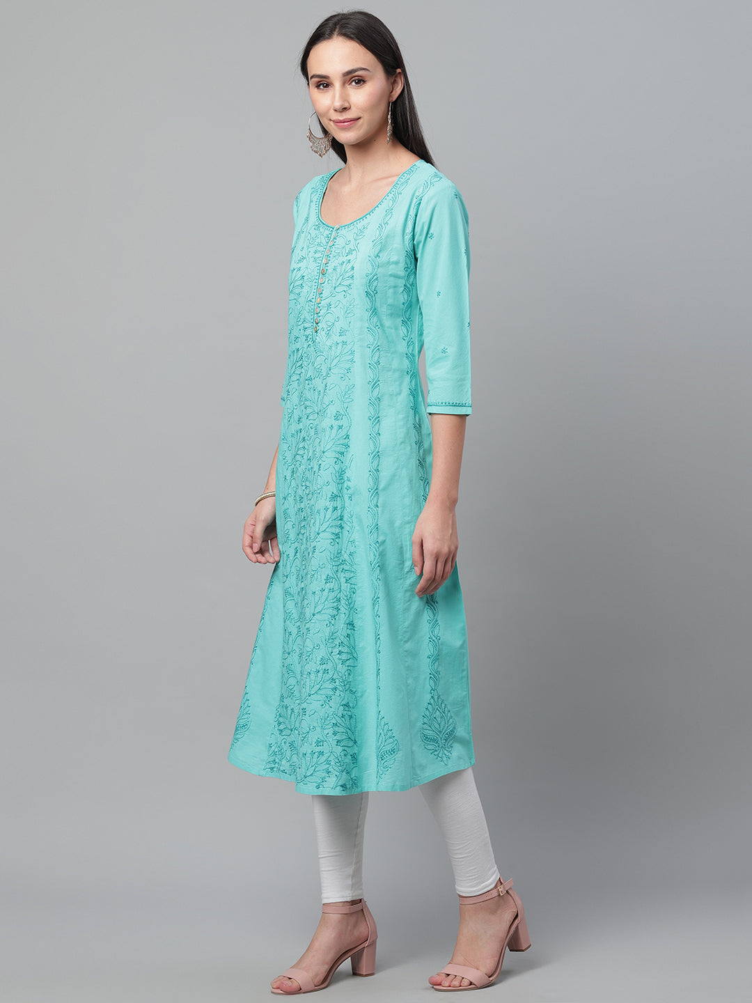 Turquoise A-Line Chikankari Kurta