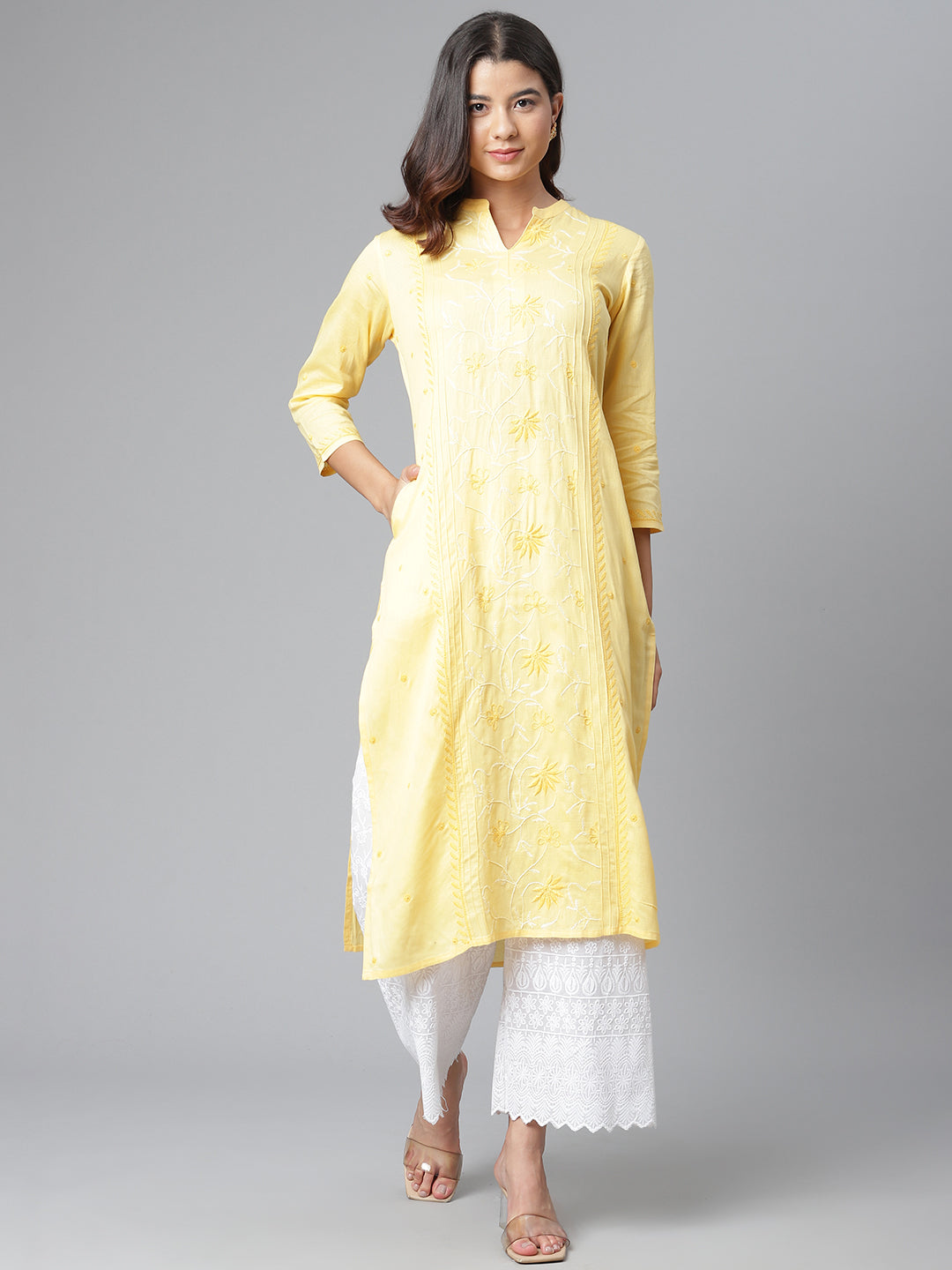 Yellow Chikankari Pintucks Kurta