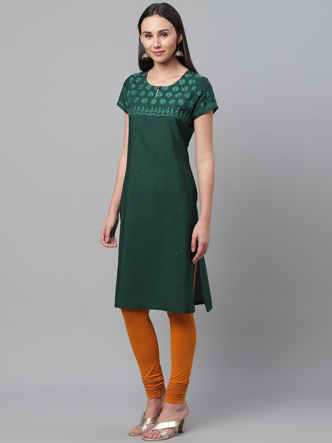 Bottle Green Silk Kurta with Embroidery and Mukaish Work