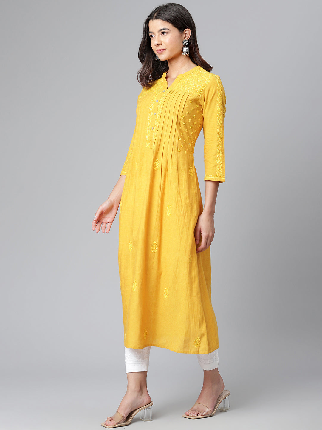 Mustard Mangalgiri Embroidered Kurta