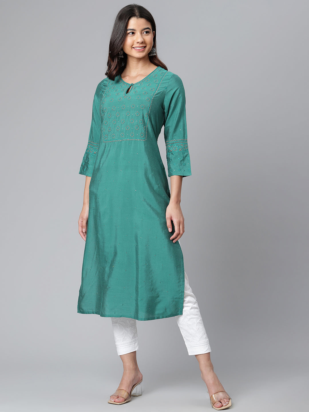 Poly Silk Teal Chikankari Kurta
