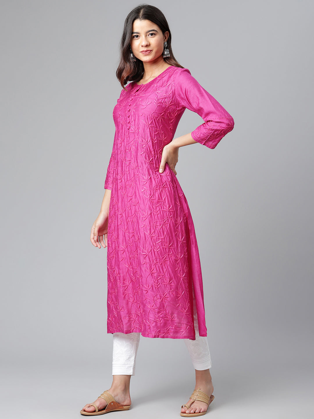 Pure Silk Magenta Chikankari Kurta