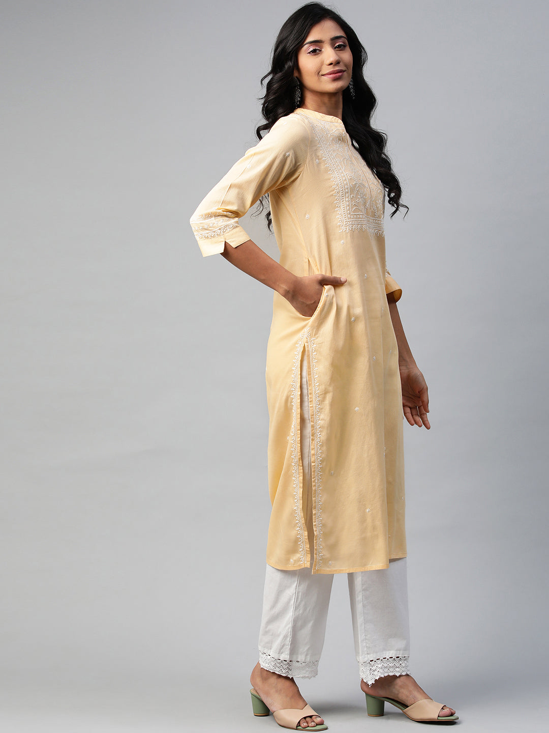 Yellow Self-Striped Kurta with Embroidered Yoke