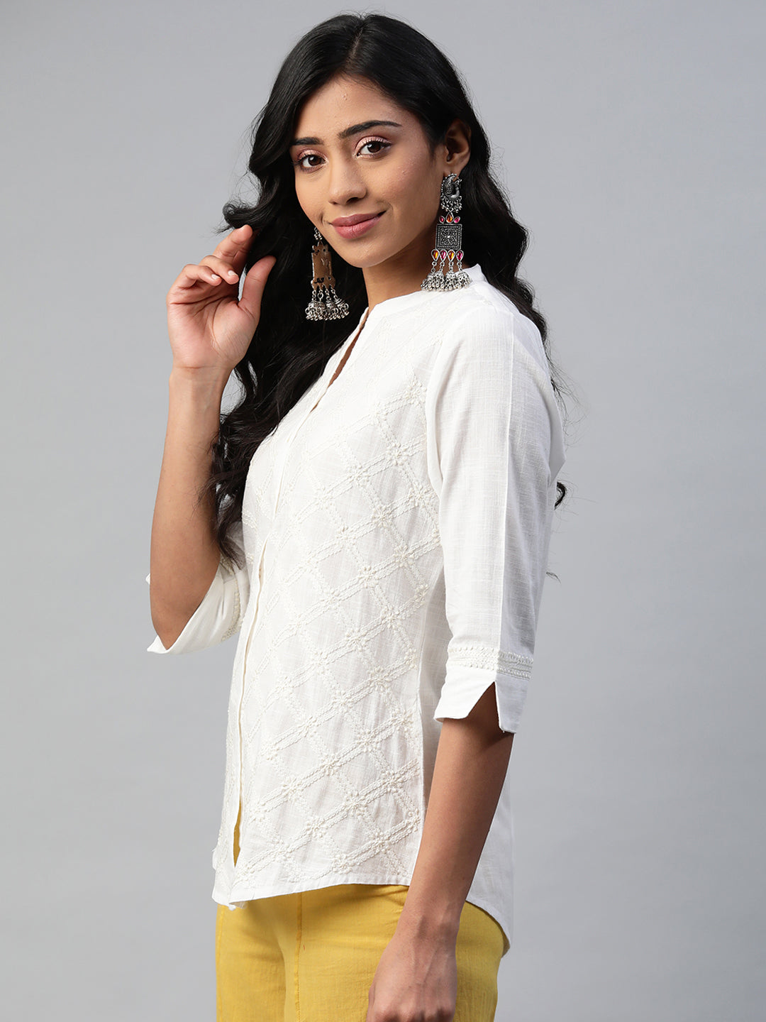 Off White Cotton Slub All-over Embroidered Shirt