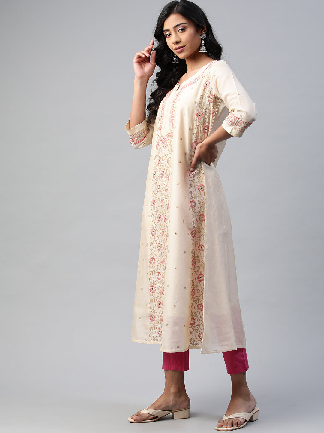 Beige and Pink Chikankari Chanderi Festive Kurta