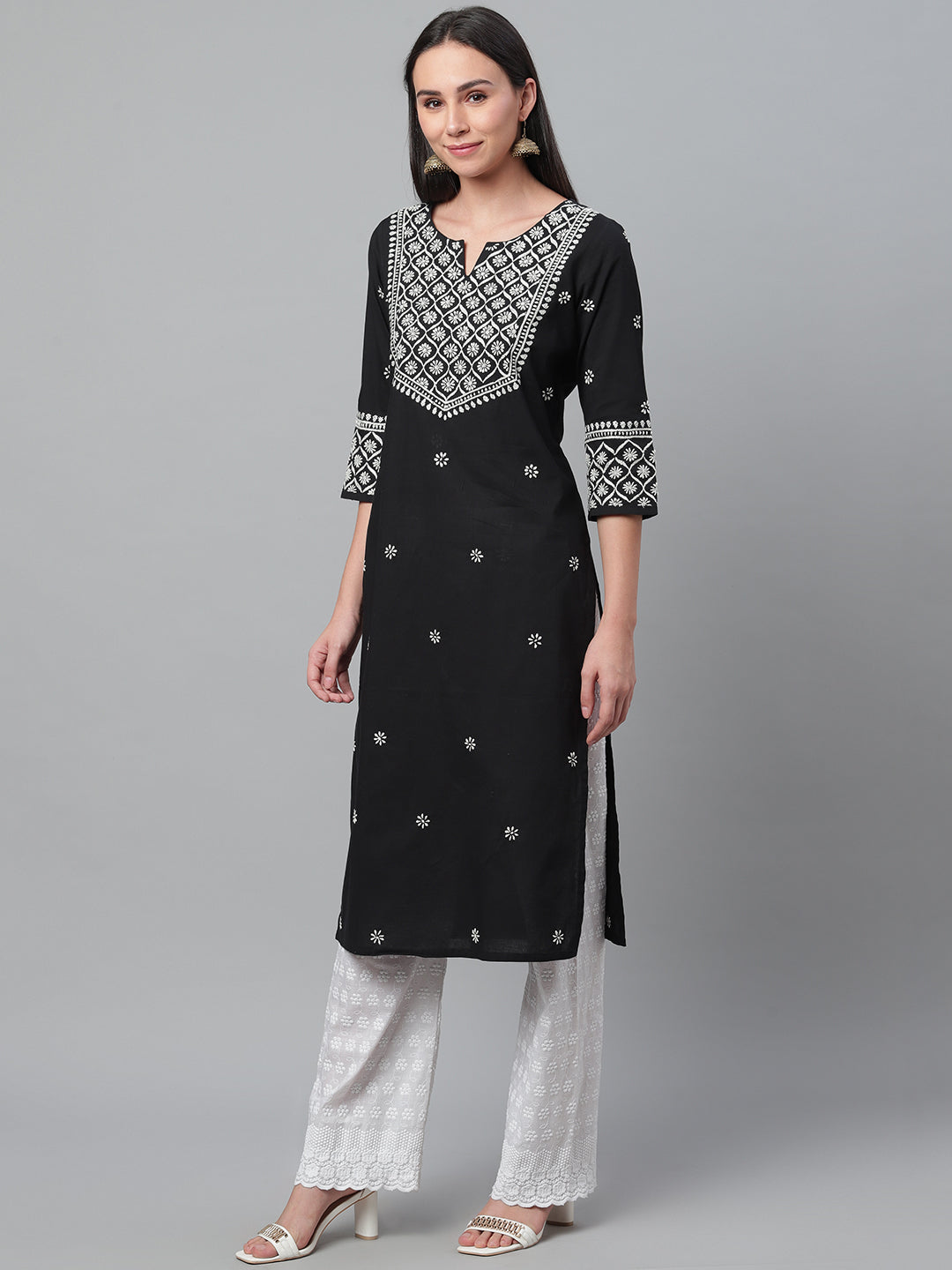 Black & White Embroidered Straight Kurta