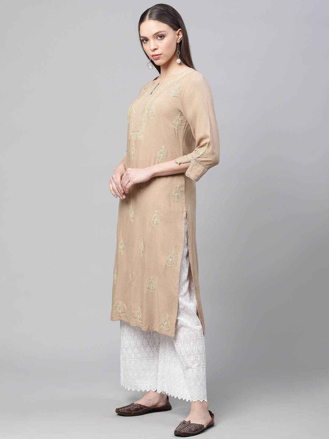 Beige Chikankari Kurta with Pockets
