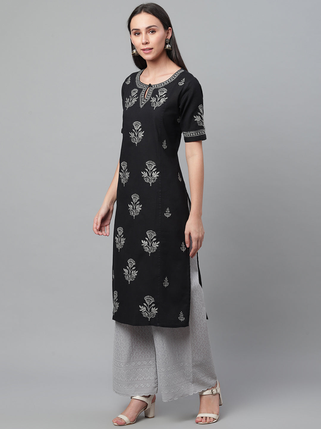 Black & Grey Chikankari Cotton Straight Kurta