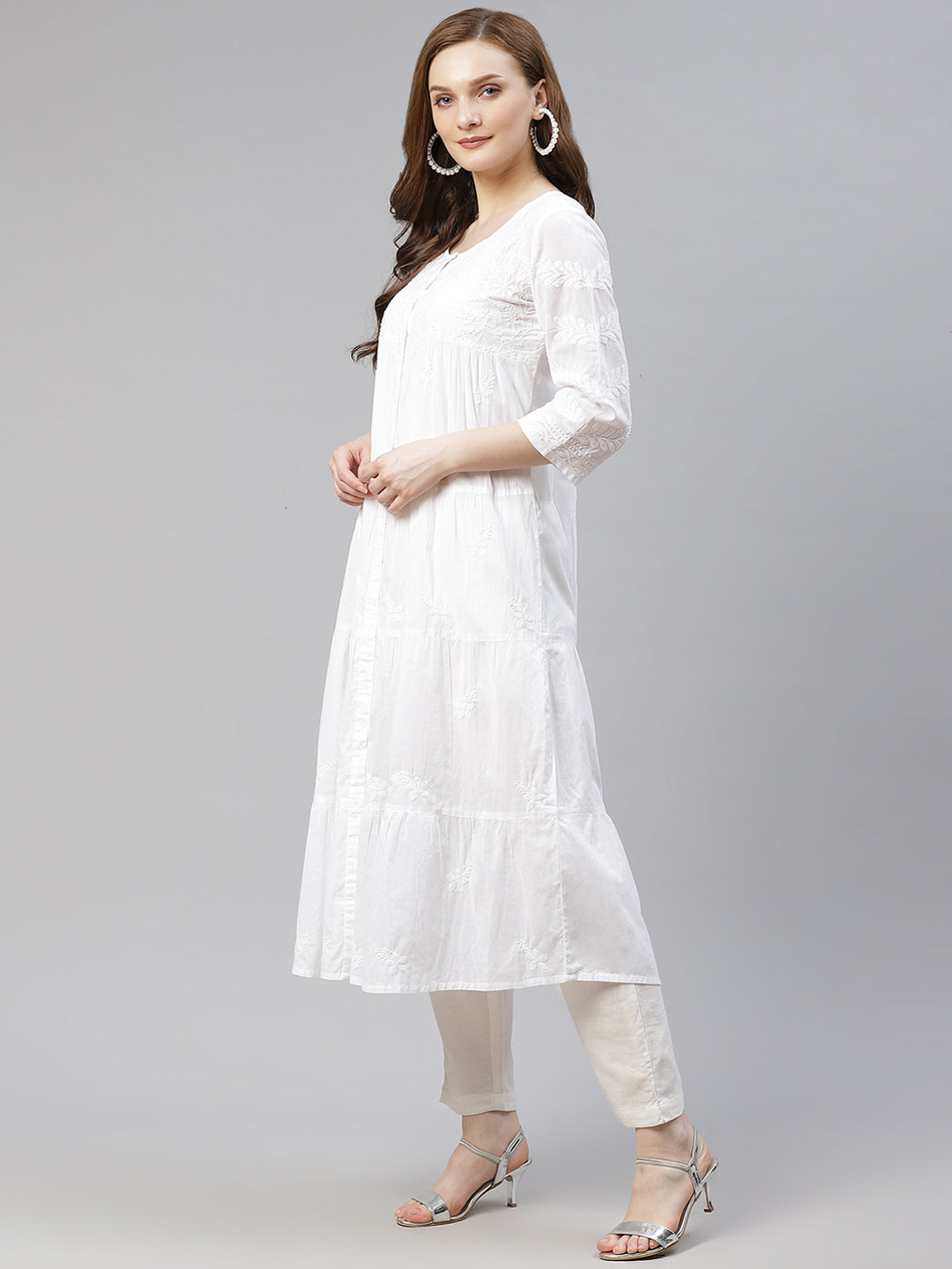 White Embroidered Front-Open Tiered Kurta