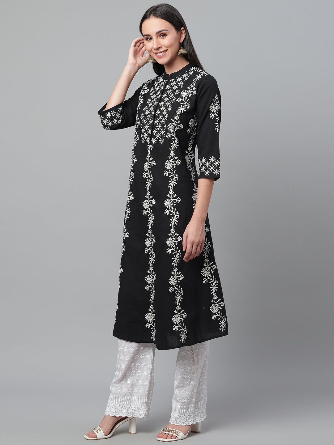 Black & White Chikankari Embroidered A-Line Kurta