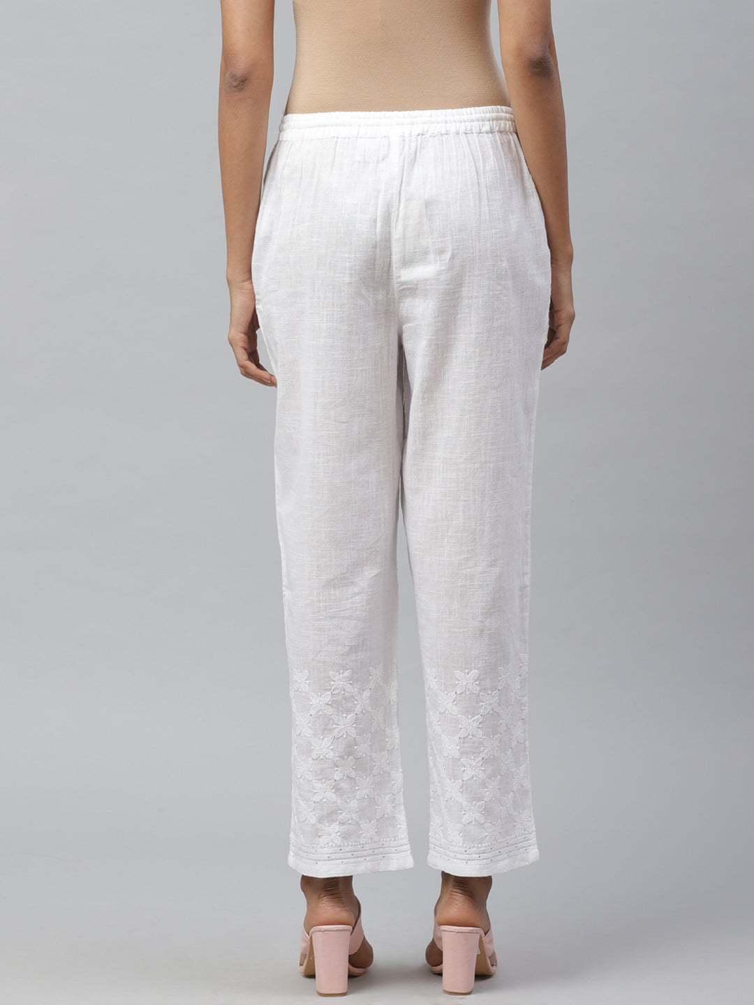 White Cotton Tapered Chikankari Pants with Mukaish Work