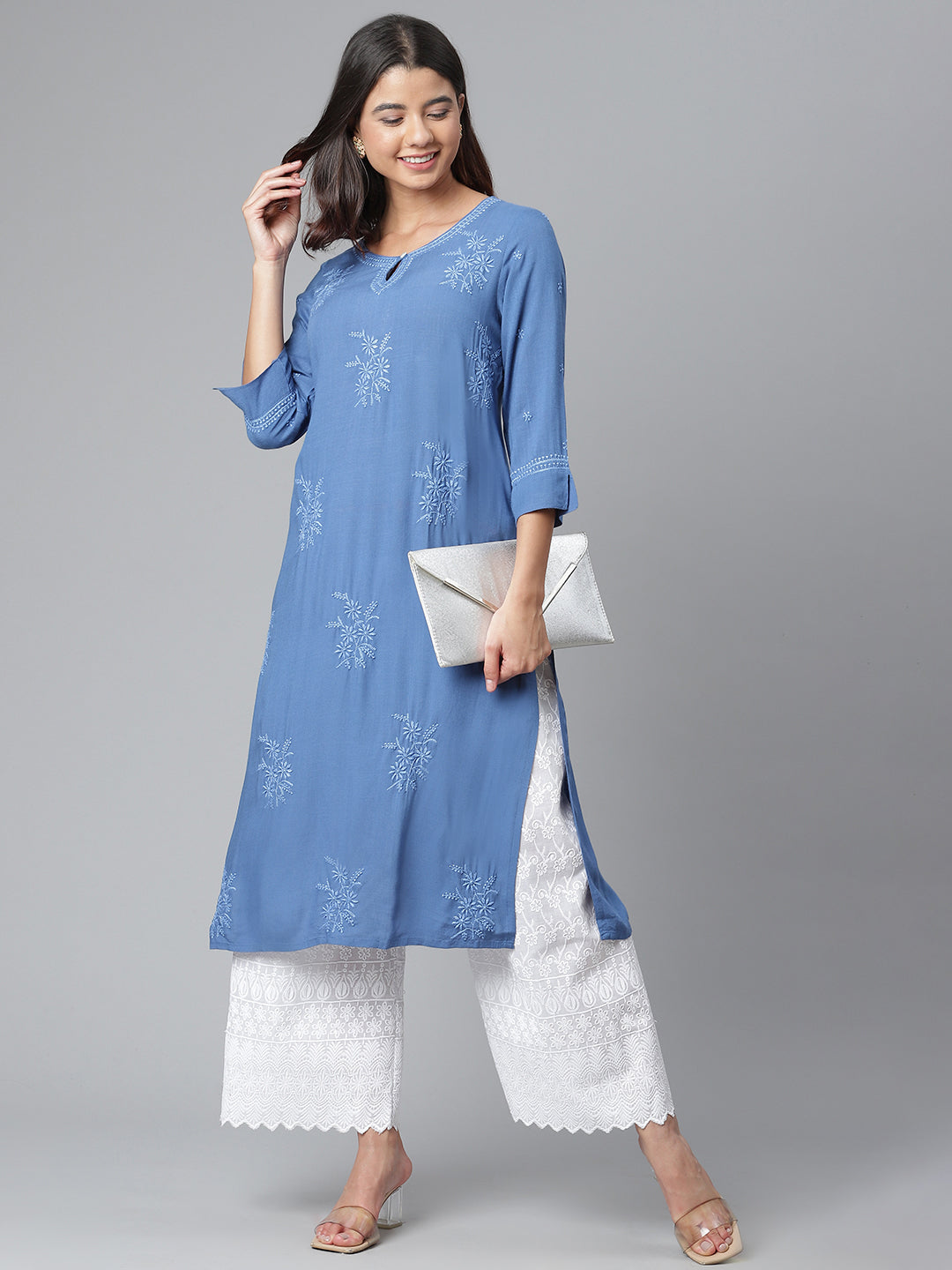 Rayon Blue Straight-Fit Chikankari Kurta
