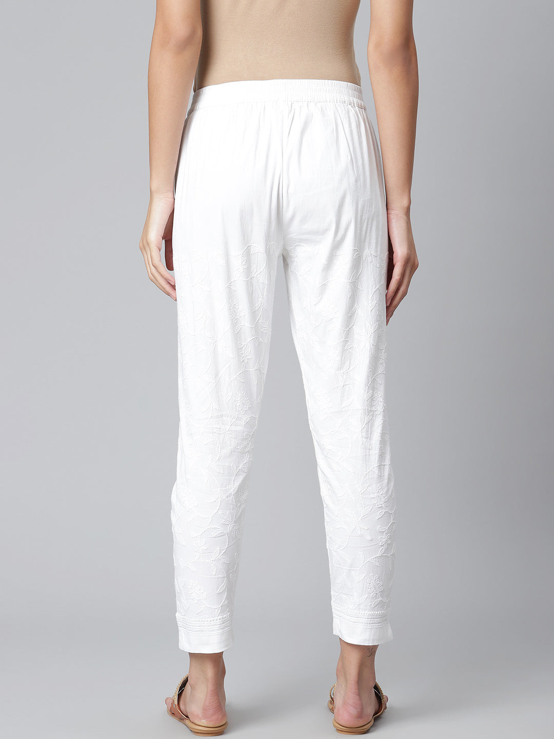 White Chikankari Stretchable Pants