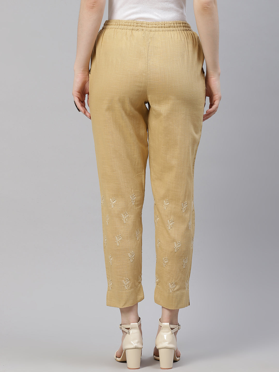 Beige Chikankari Cotton Slub Pants