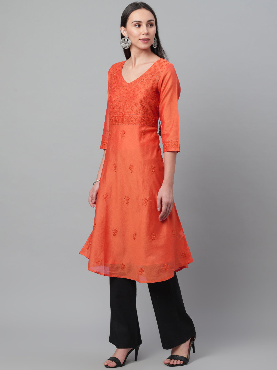 Orange Chanderi Embroidered A-Line Kurta With Tassels