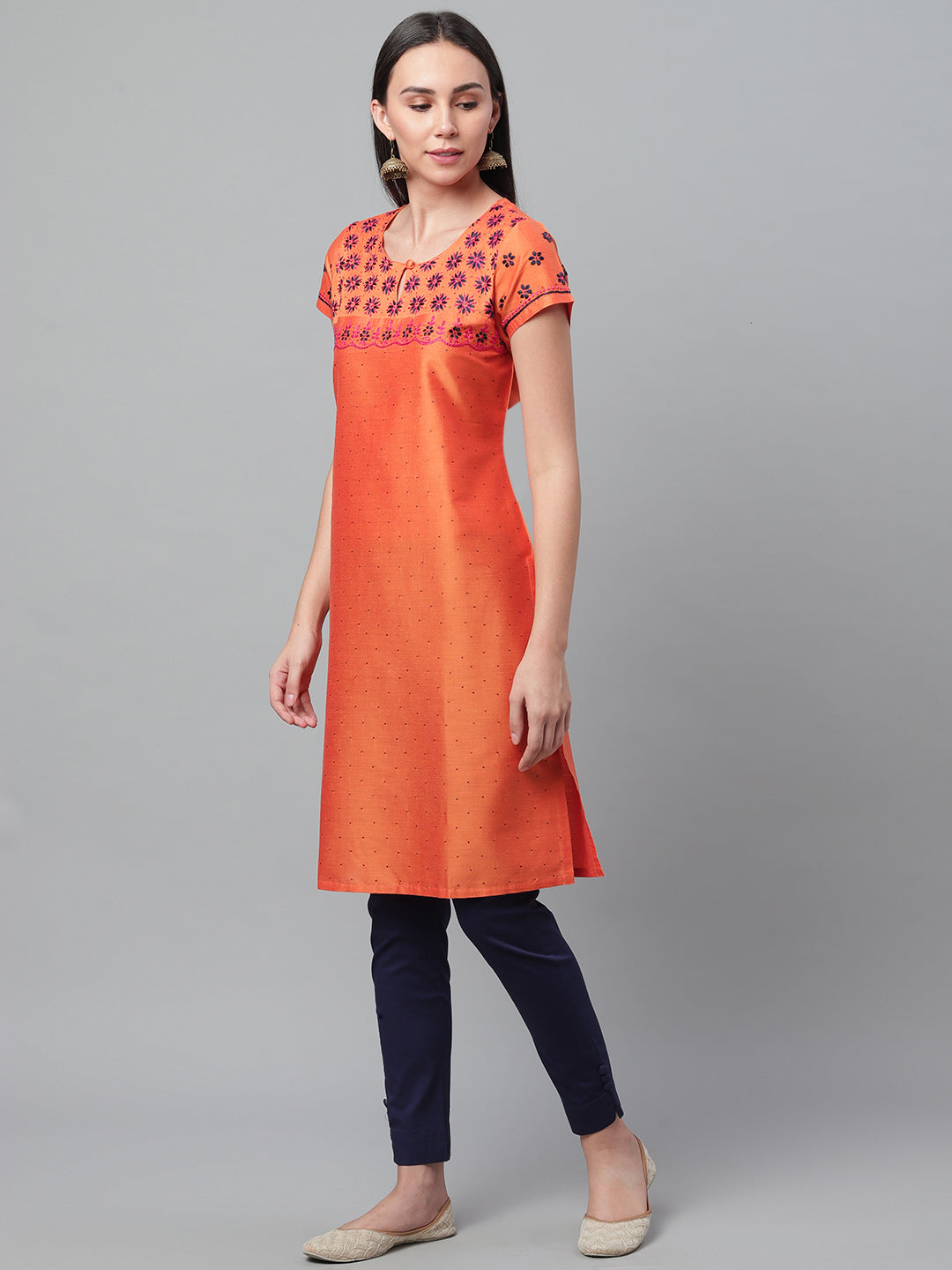 Orange Silk Kurta with Embroidery and Mukaish Work
