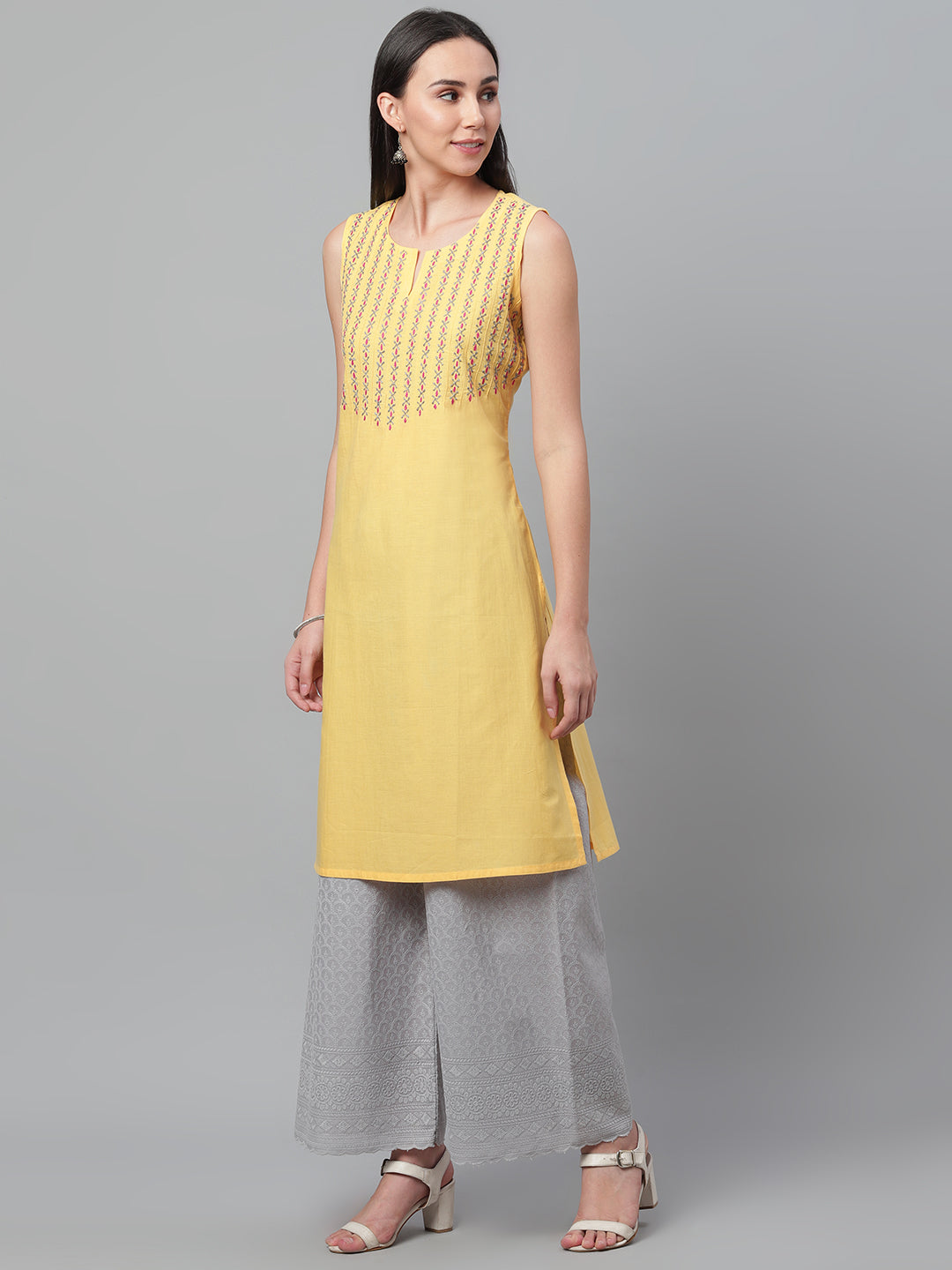 092 Yellow Pintucks Embroidered Kurta