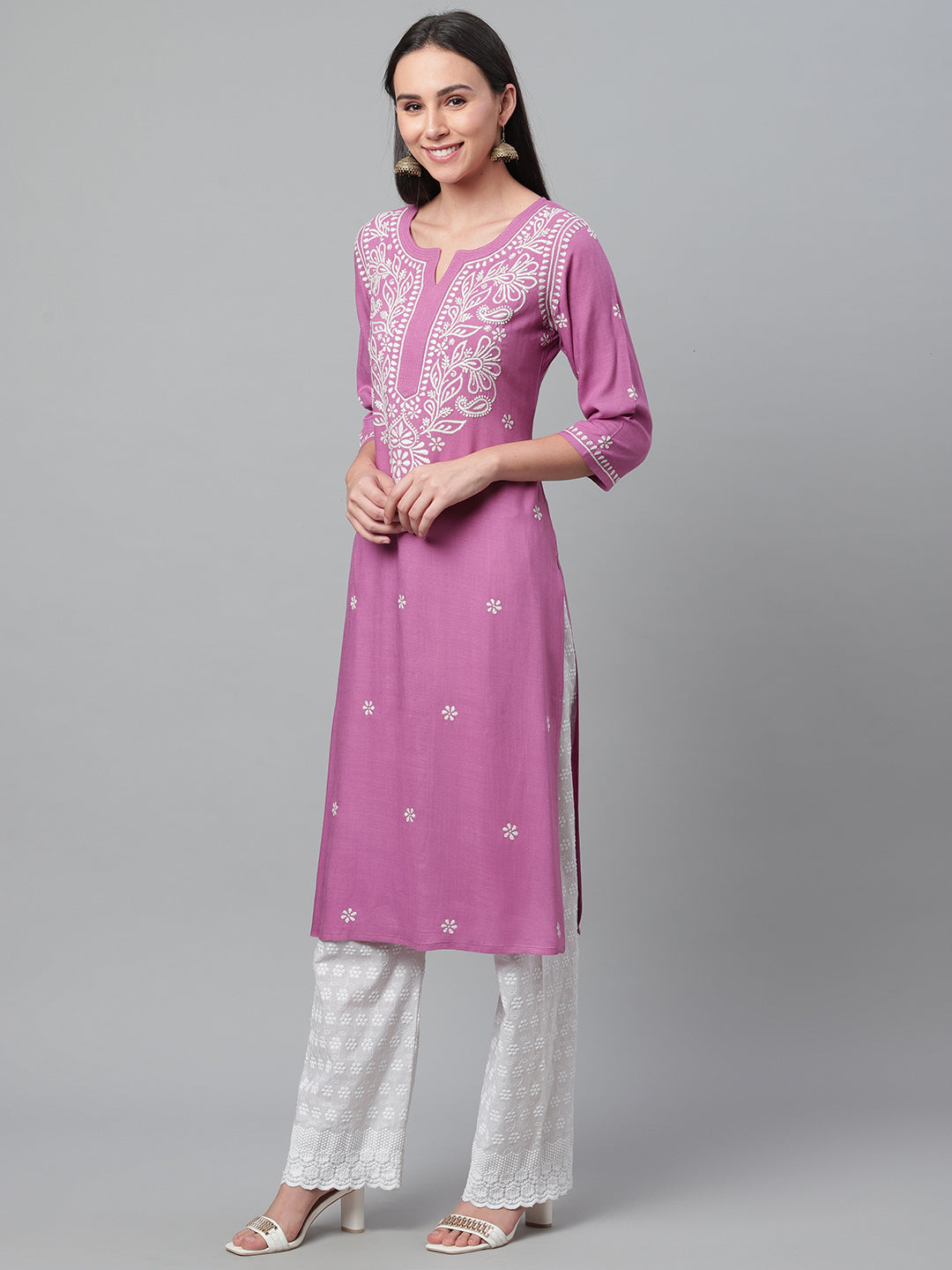 Purple Chikankari Rayon Straight Kurta