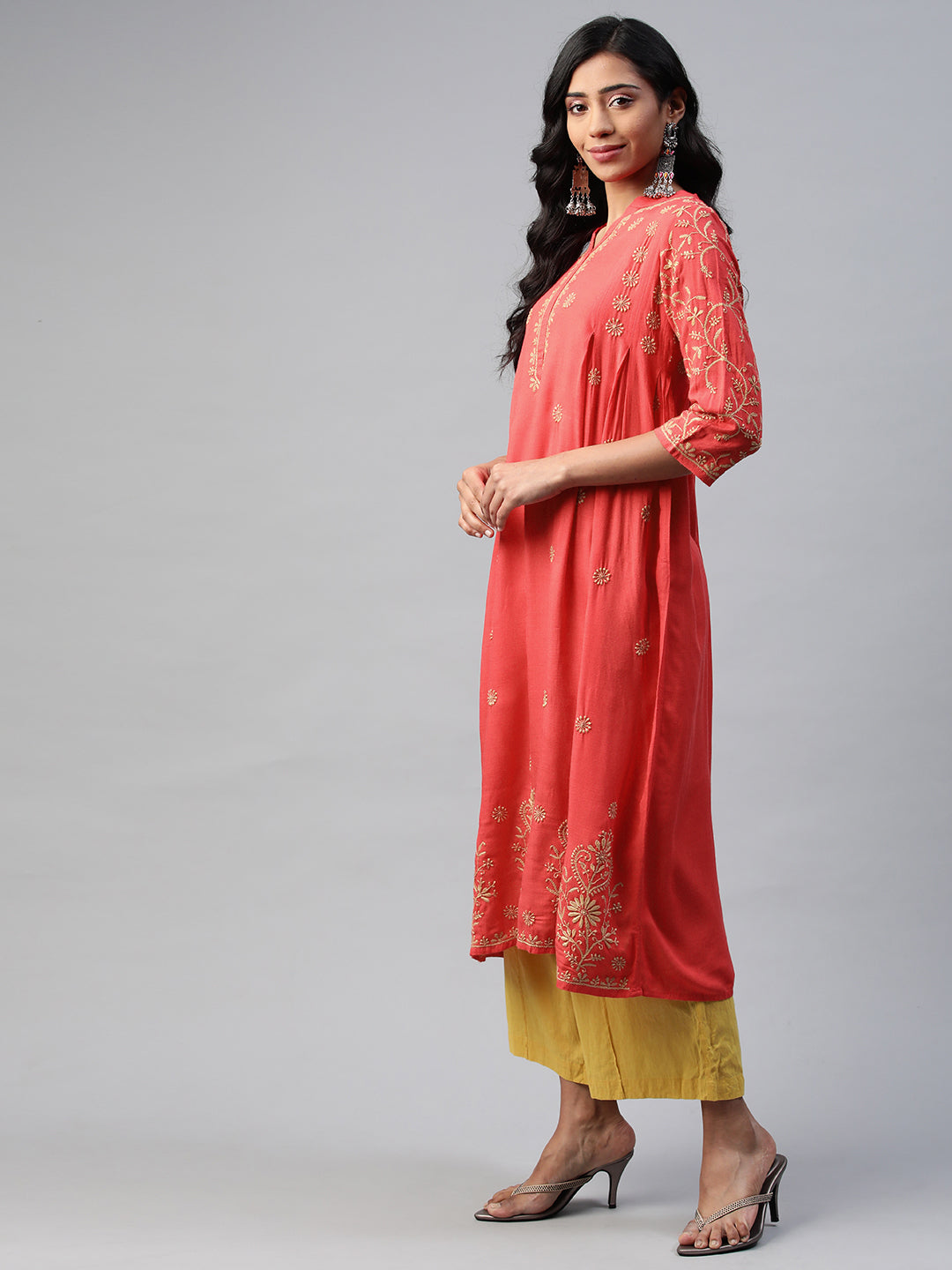 Red Rayon Flared Chikankari Kurta
