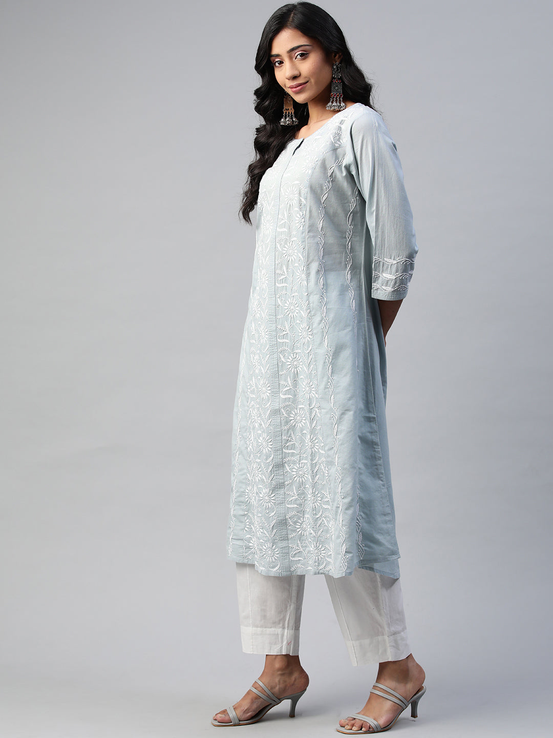 Grey Chikankari A-line Kurta