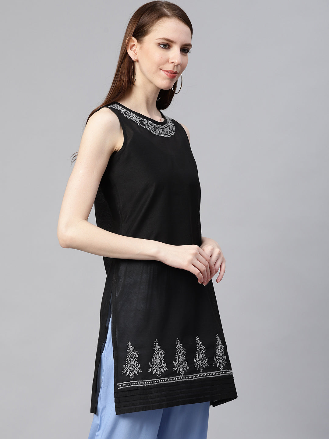 Black & Grey Embroidered Sheer Short Kurta