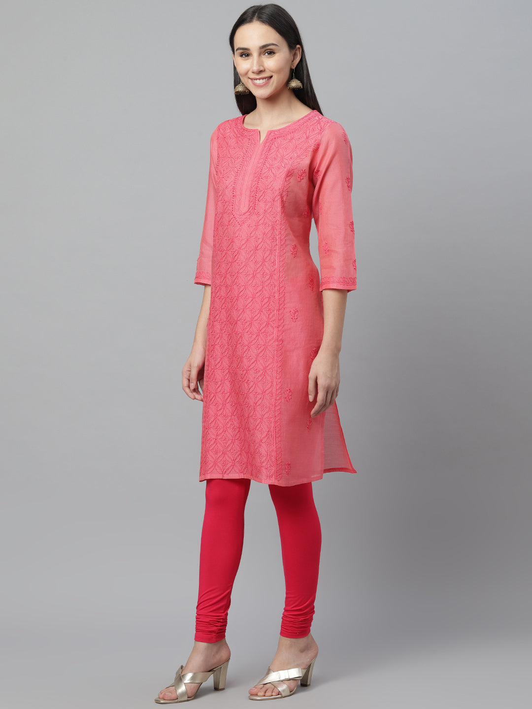 Coral Chanderi Chikankari Straight Kurta