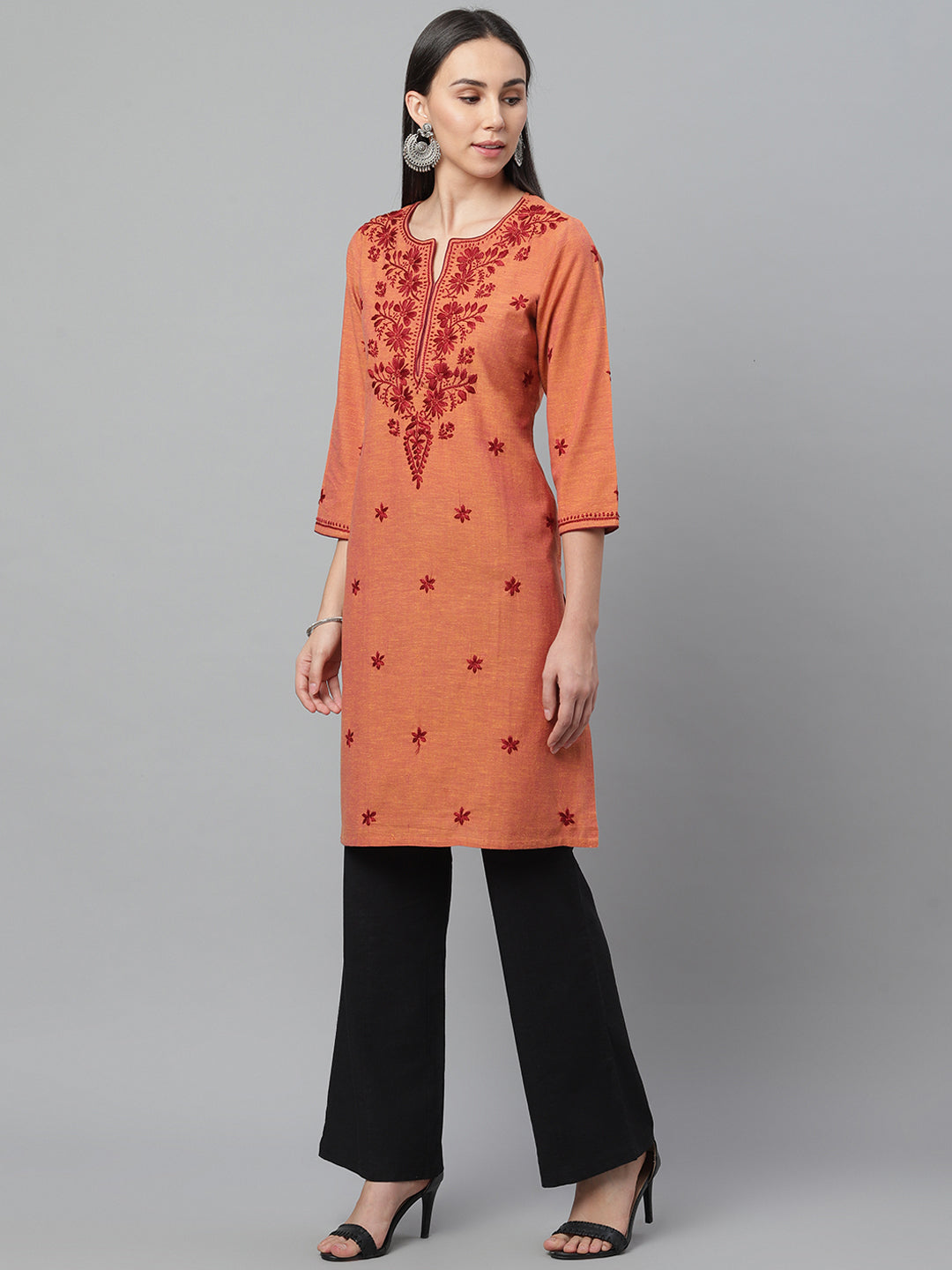 Rust Mangalgiri Embroidered Kurta