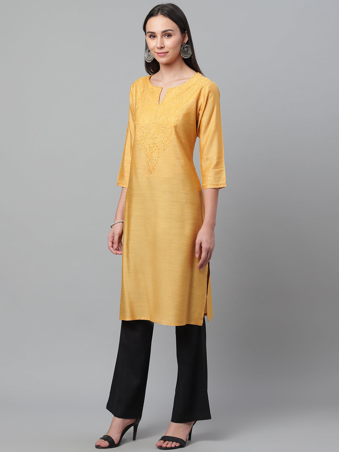 Mustard Pure Silk Chikankari Kurta