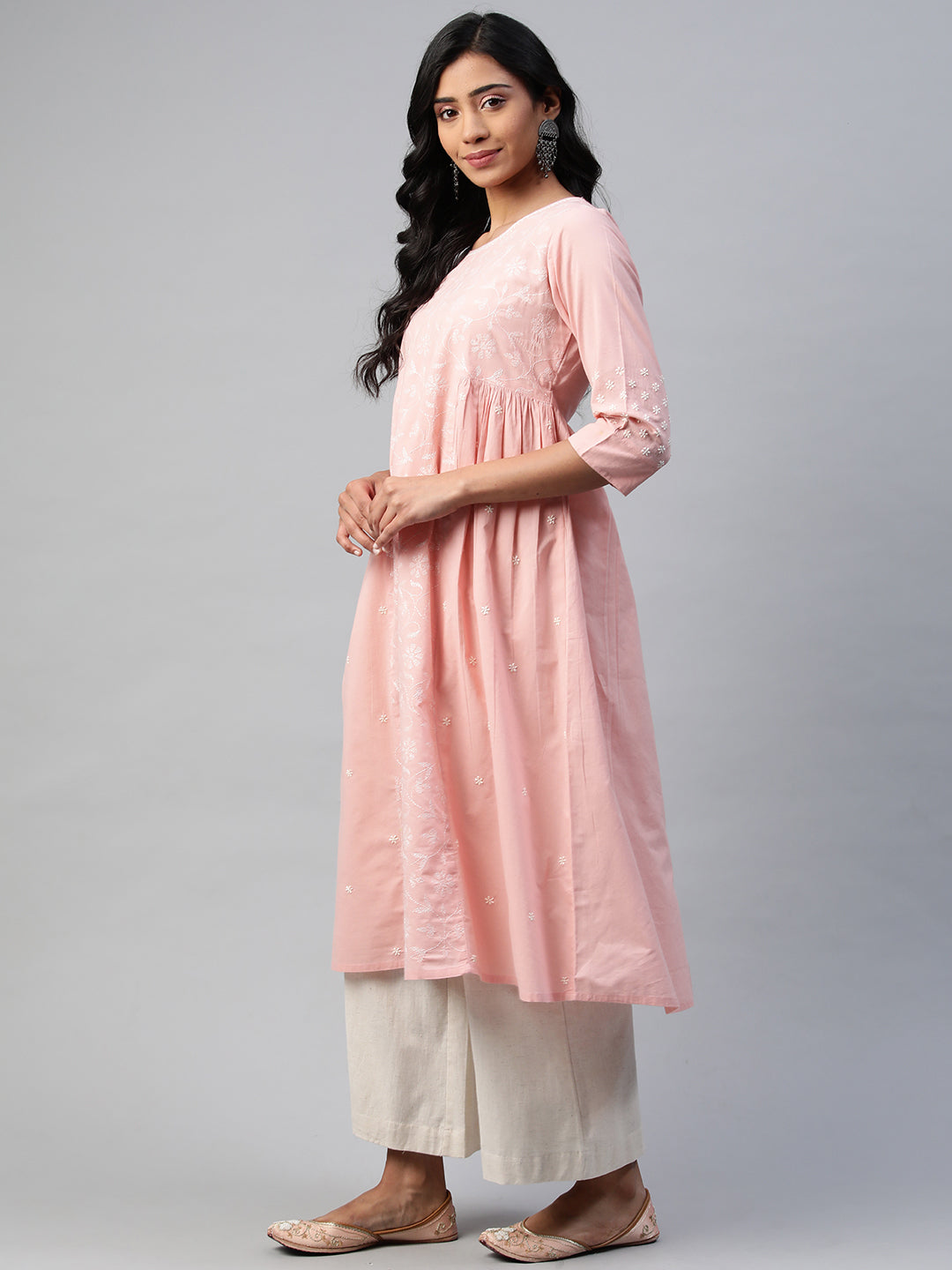 Peach Long Kurta with Tepchi Hand-Embroidery
