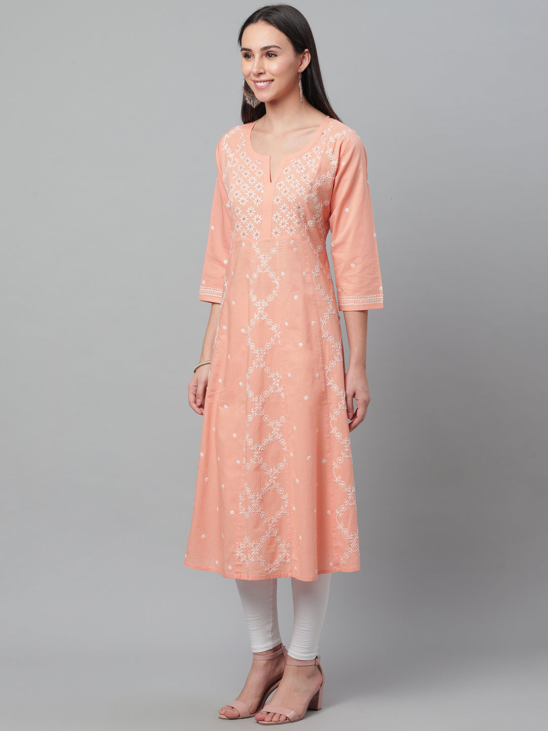 Peach Kalidaar Chikankari Kurta with Mukaish Work