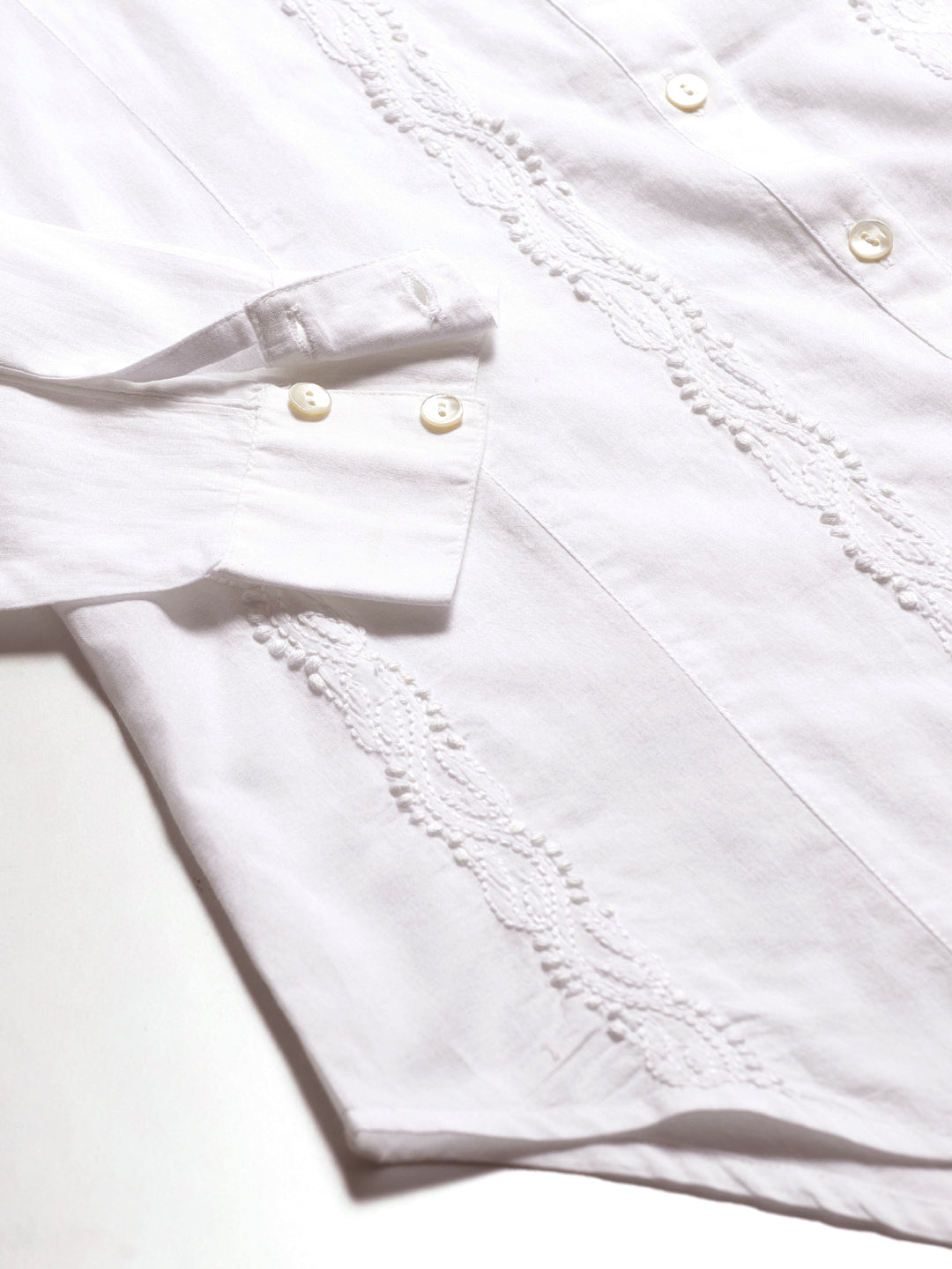 White Chikankari Embroidered Detail Casual Shirt
