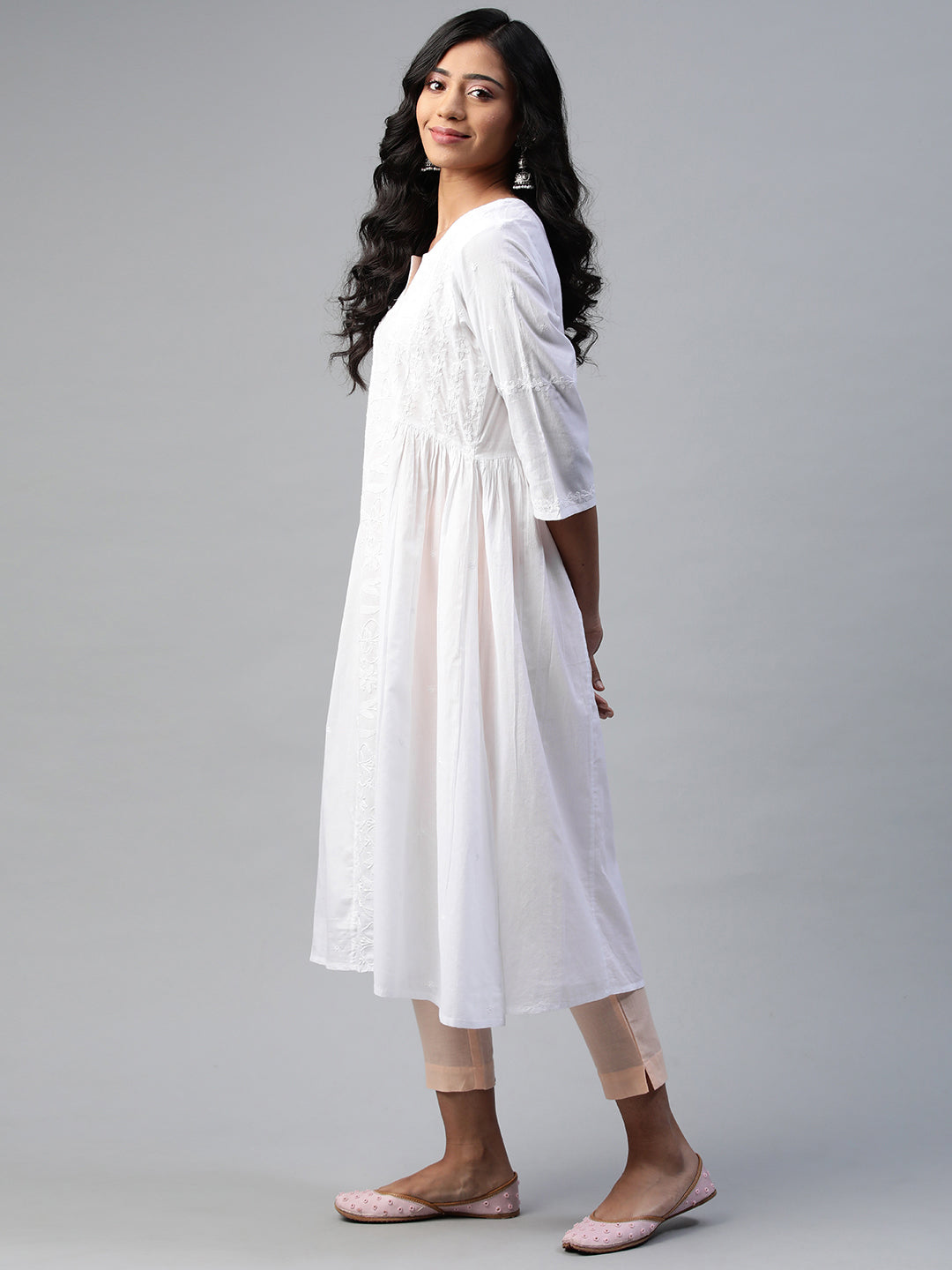 White Chikankari Flared Kurta with Side Gathers