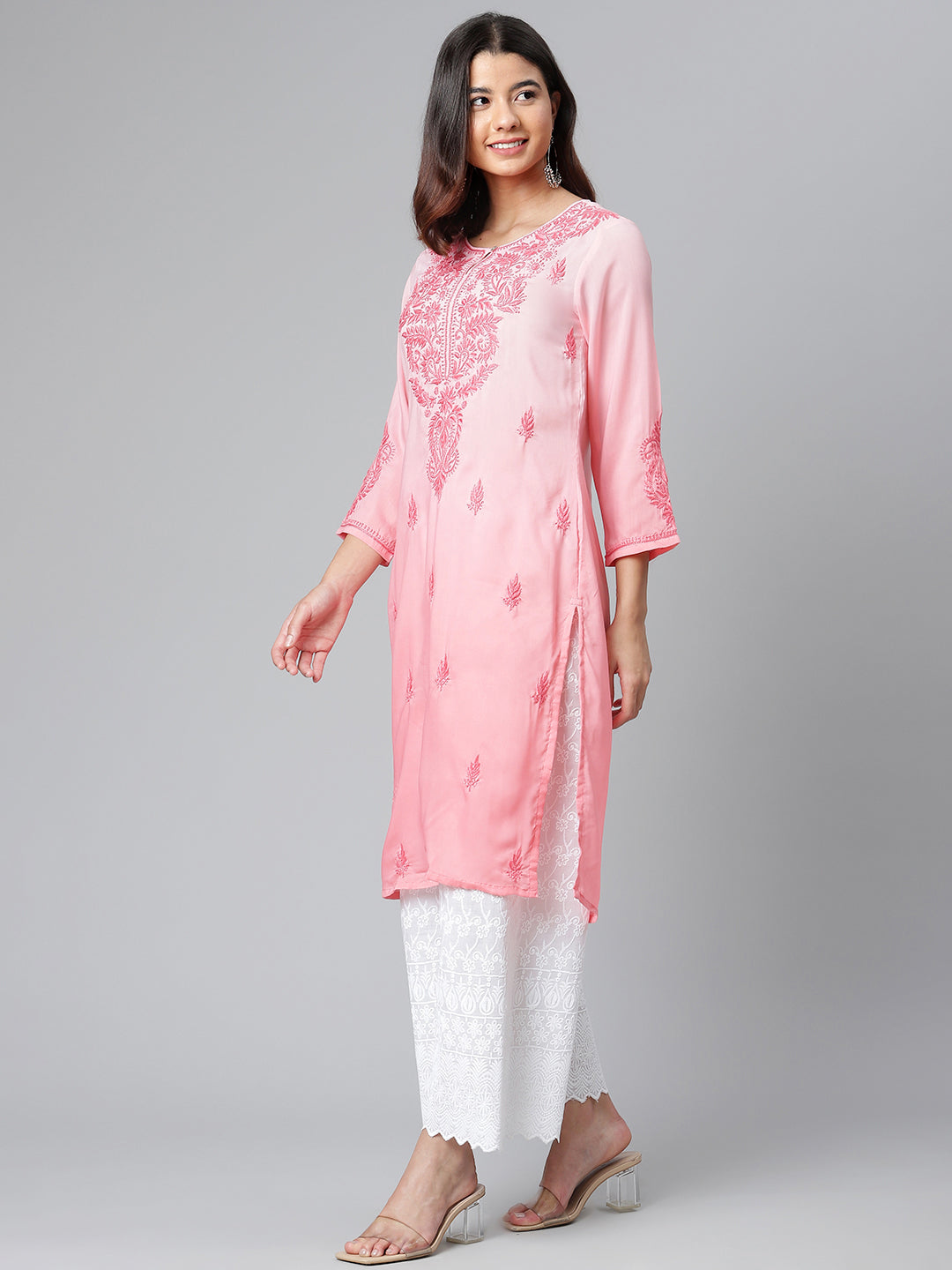 Pink Ombre Chikankari Muslin Kurta