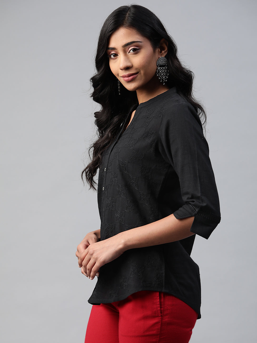 Black Cotton Slub All-over Embroidered Shirt