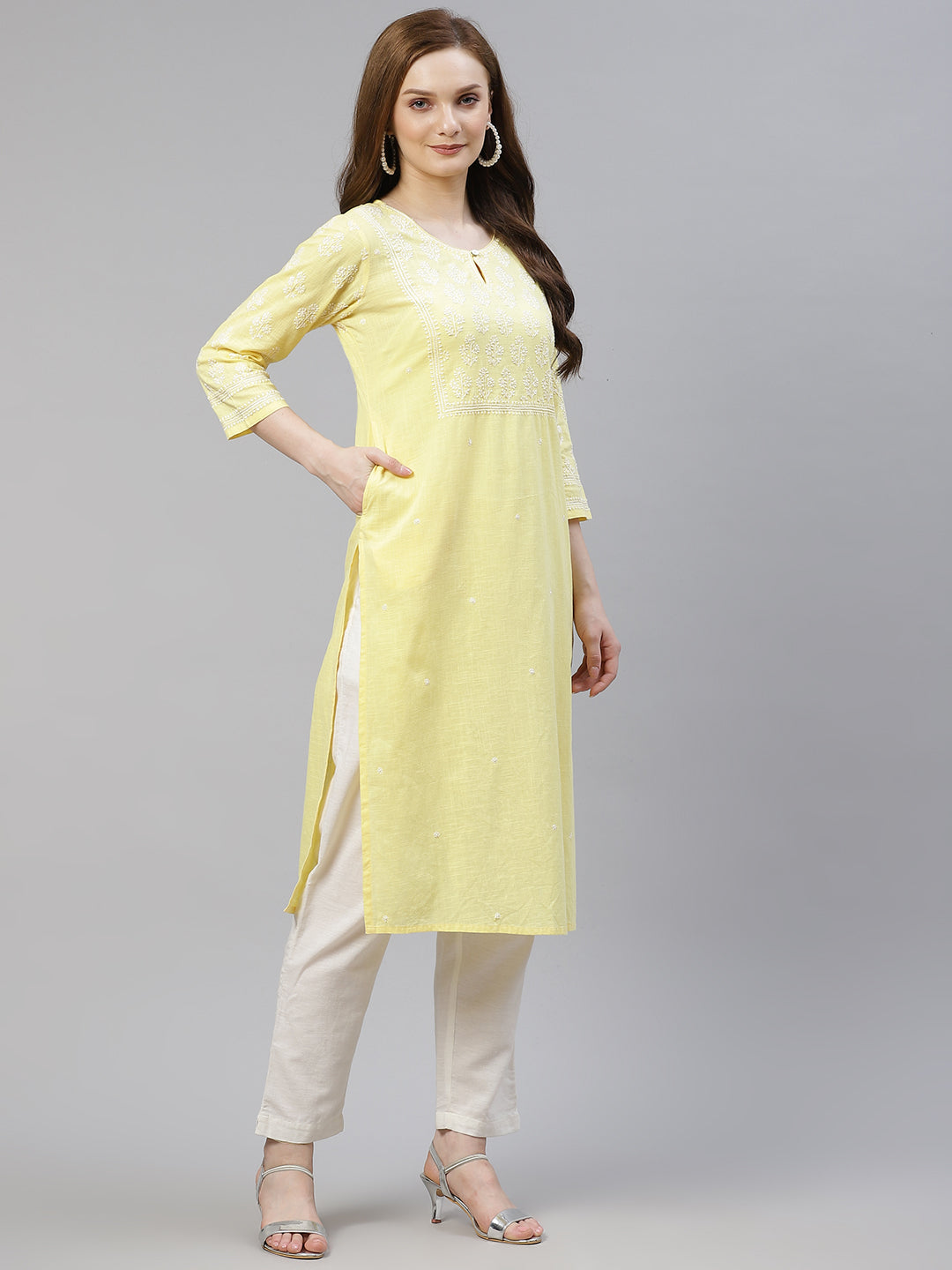 Yellow Cotton Slub Hand-Embroidered Kurta