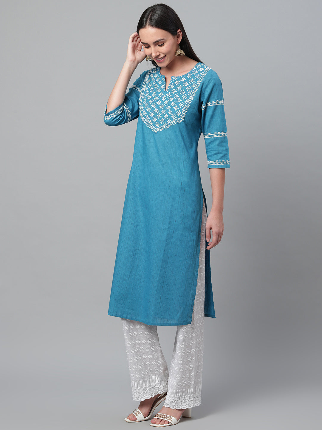 Blue Ikat Straight Chikankari Kurta