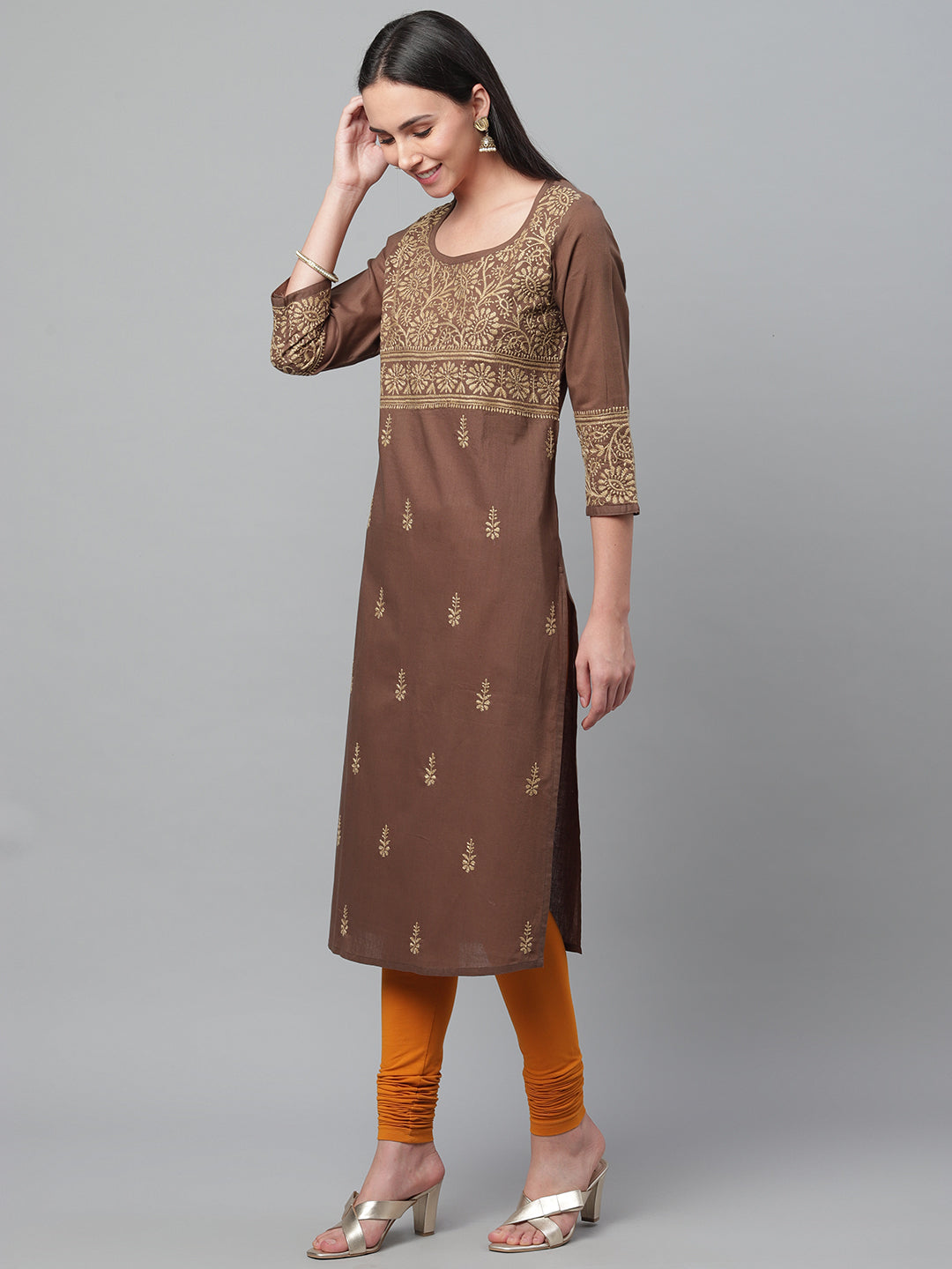 Brown Pot Neck Chikankari Cotton Kurta
