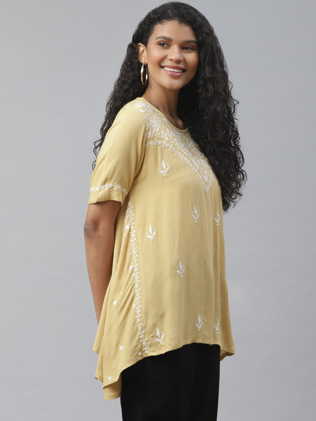 Beige Chikankari Embroidered High-Low Top