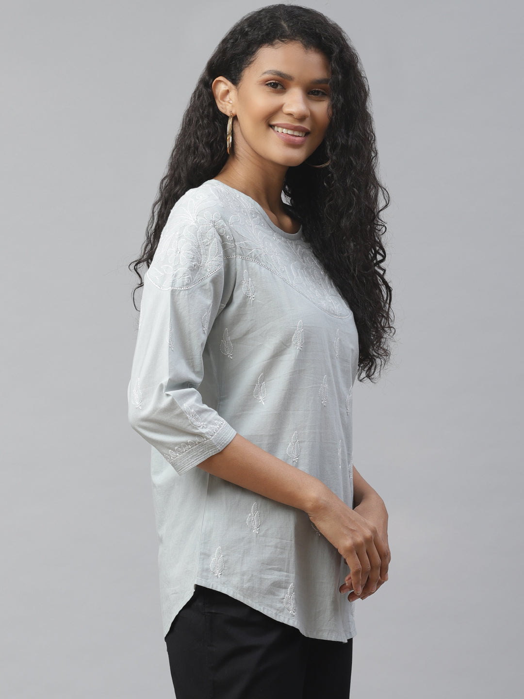 Grey Lace Yoke Embroidered Top