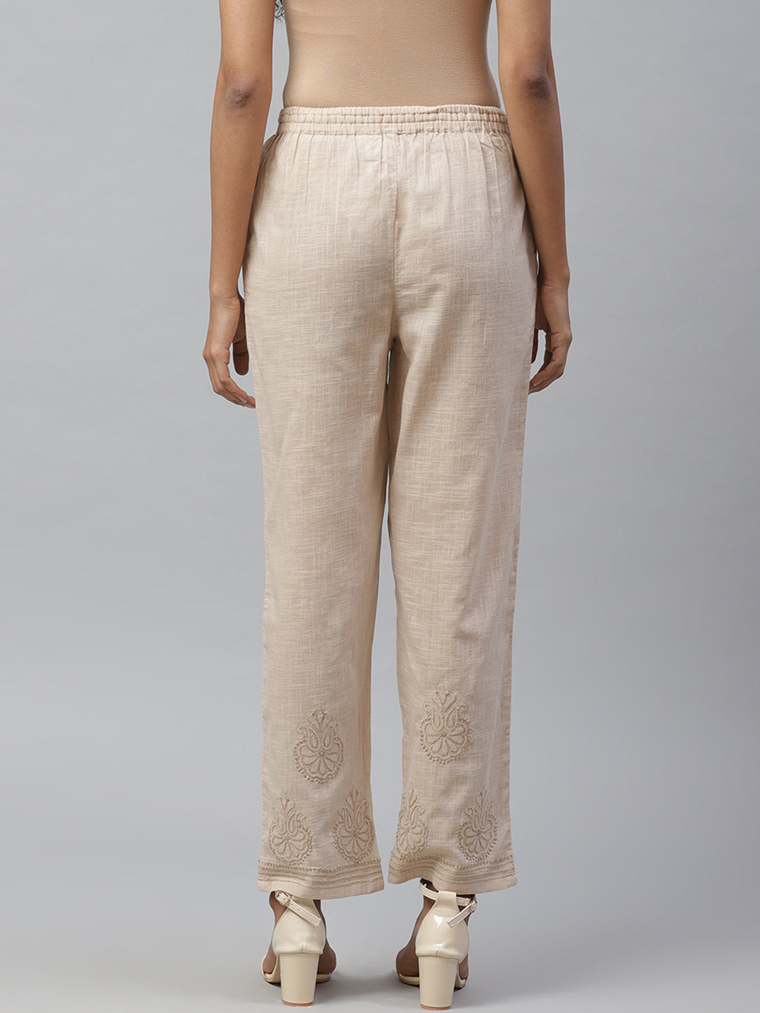 Beige Tapered Chikankari Embroidered Trousers