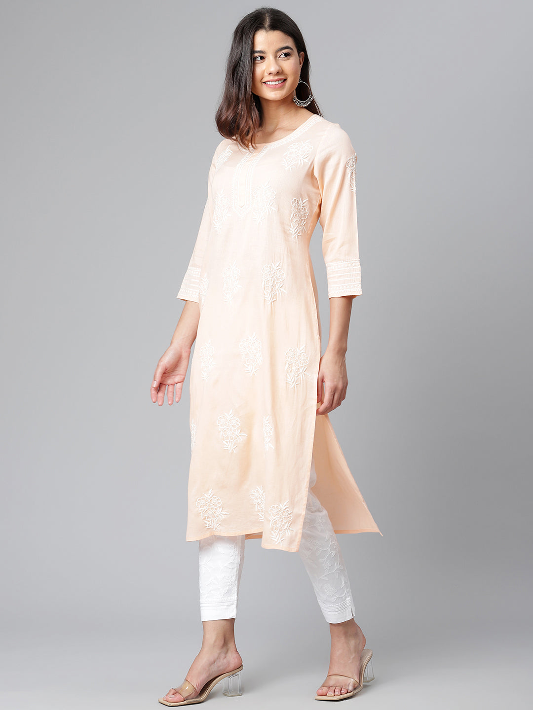Peach Self Striped Kurta with Off-White Embroidery