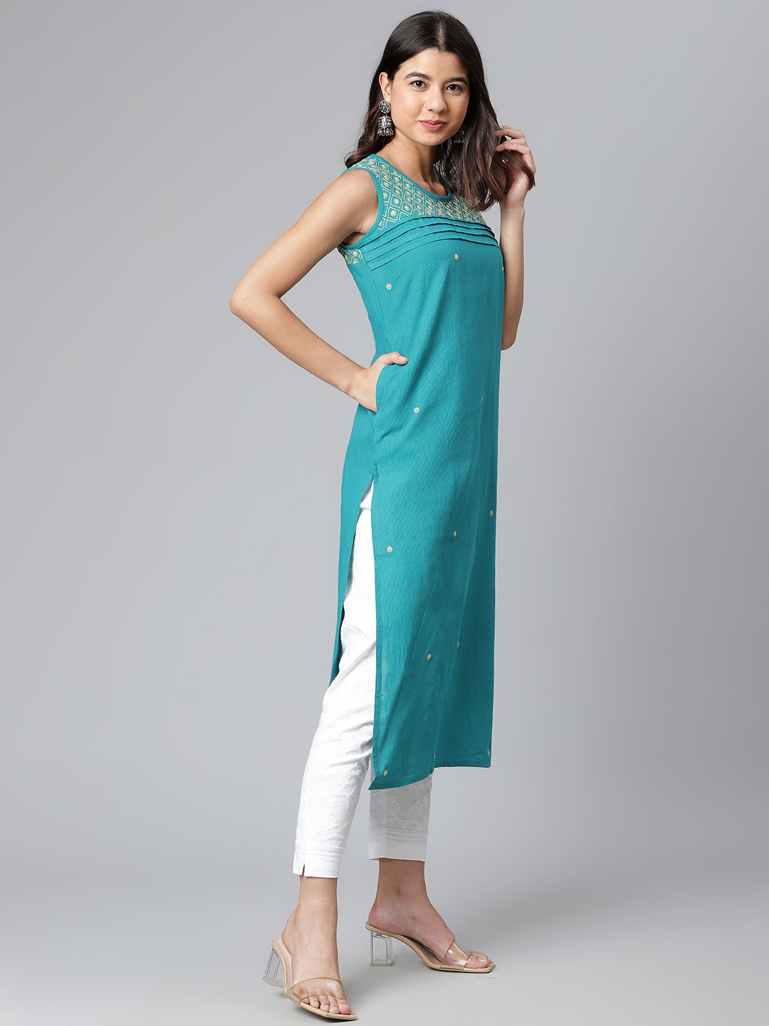 Teal Self-Striped Chikankari Kurta