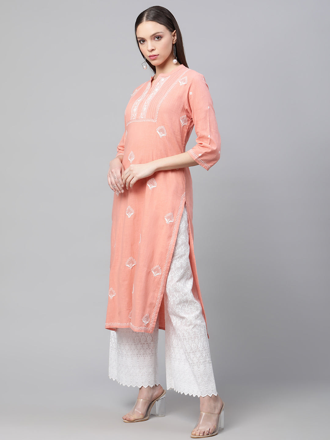 Peach Chikankari Straight Kurta