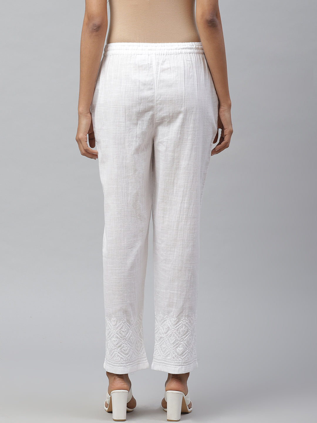 White Tapered Fit Chikankari Trousers