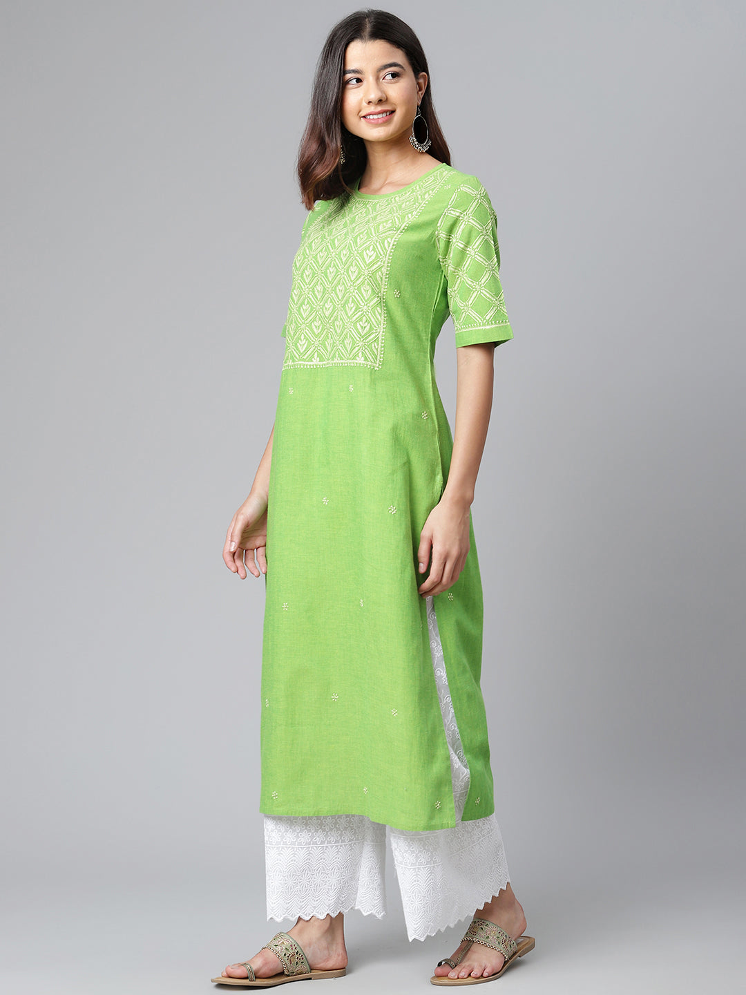 Green Mangalgiri Chikankari Kurta with Elbow Sleeves