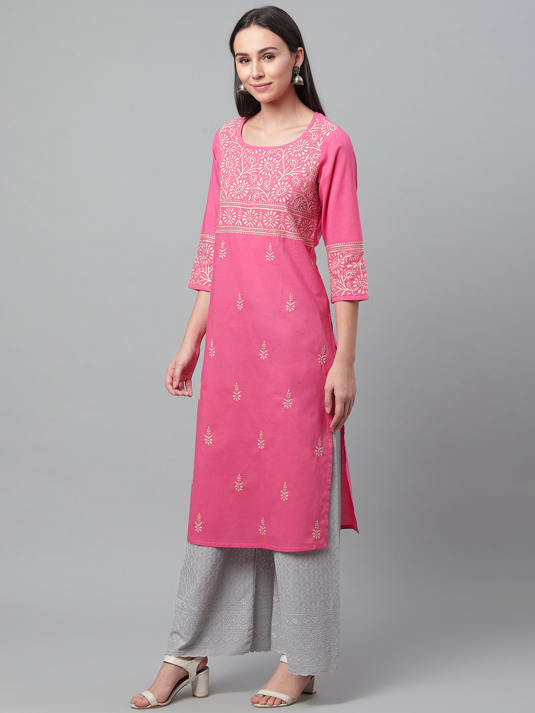 Pink Cotton Kurta Pot Neck Embroidered Kurta